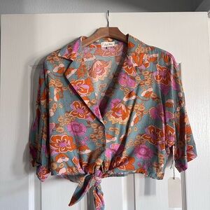 Love Notes Floral Tie-Front Blouse - Pink and Orange
